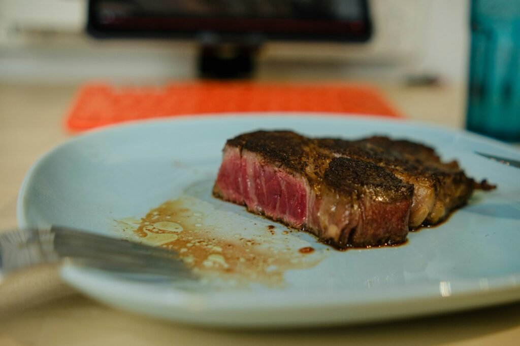 Medium rare steak cut open