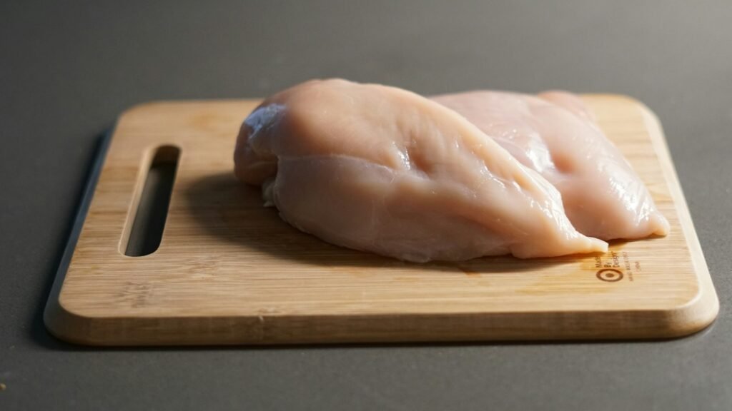Raw chicken breast fillets on a board